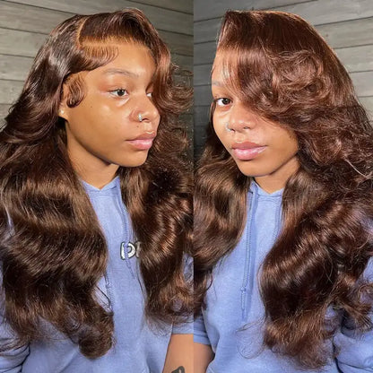 360 Lace Frontal 4# Chocolate Brown Body Wave Lace Front Wig Transparent Preplucked Lace Frontal Wig Colored Wigs