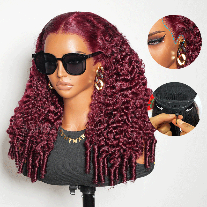 99J Burgundy Burmese Curly Glueless Wig Pull Go 13x6 Full Lace Snug Fit Drawstring Wear Go Wig