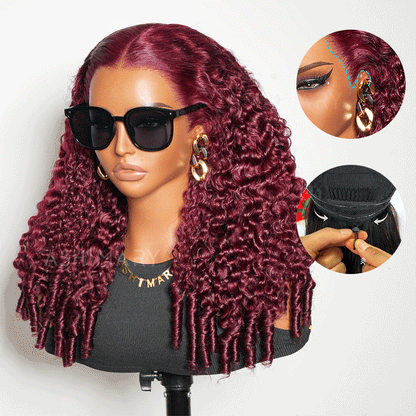 99J Burgundy Burmese Curly Glueless Wig Pull Go 13x6 Full Lace Snug Fit Drawstring Wear Go Wig
