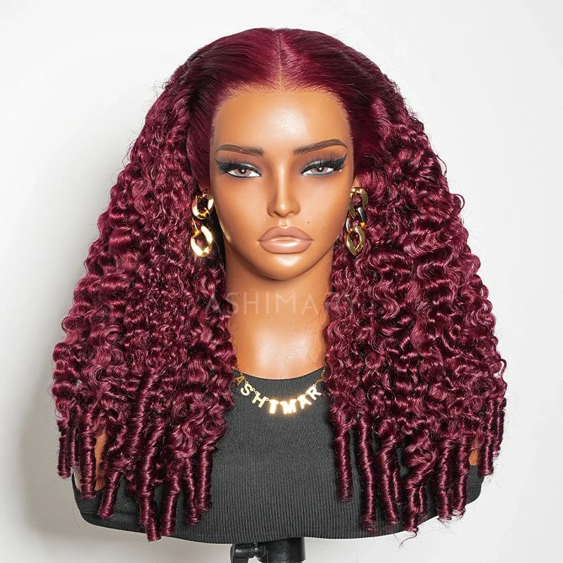 99J Burgundy Burmese Curly Glueless Wig Pull Go 13x6 Full Lace Snug Fit Drawstring Wear Go Wig
