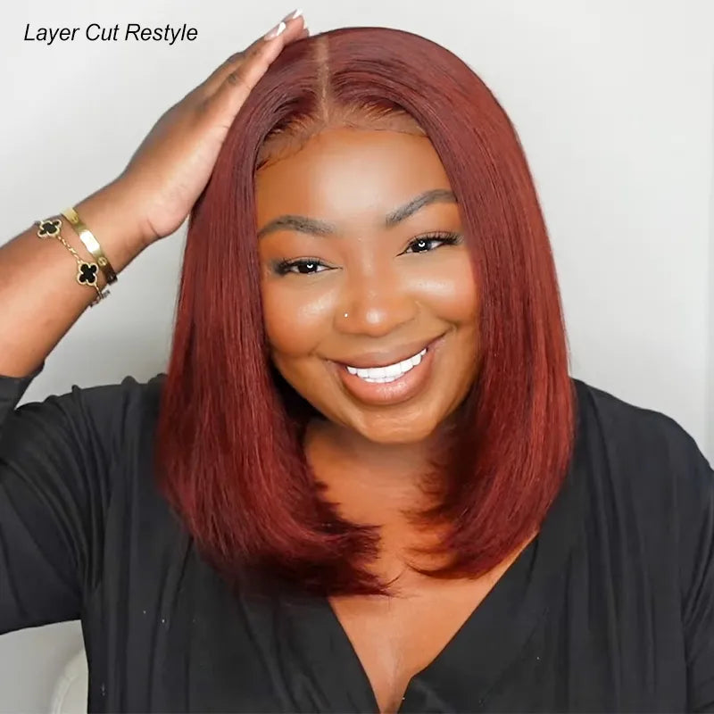Reddish Brown Yaki Straight Pull Go 4x4 Lace Closure Bob Wig Double Drawn Silk Press Natural Look 100% Human Hair