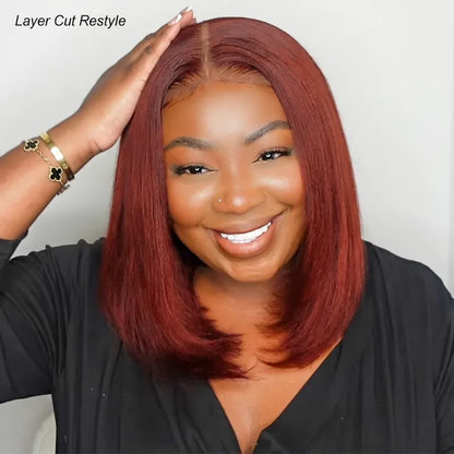 Reddish Brown Yaki Straight Pull Go 4x4 Lace Closure Bob Wig Double Drawn Silk Press Natural Look 100% Human Hair