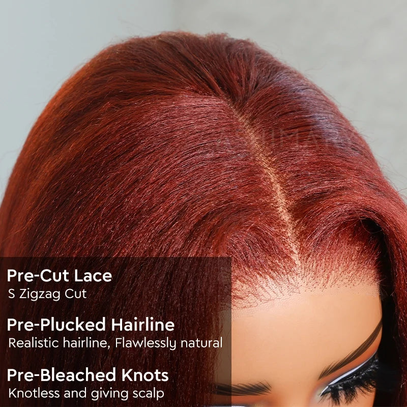 Reddish Brown Yaki Straight Pull Go 4x4 Lace Closure Bob Wig Double Drawn Silk Press Natural Look 100% Human Hair