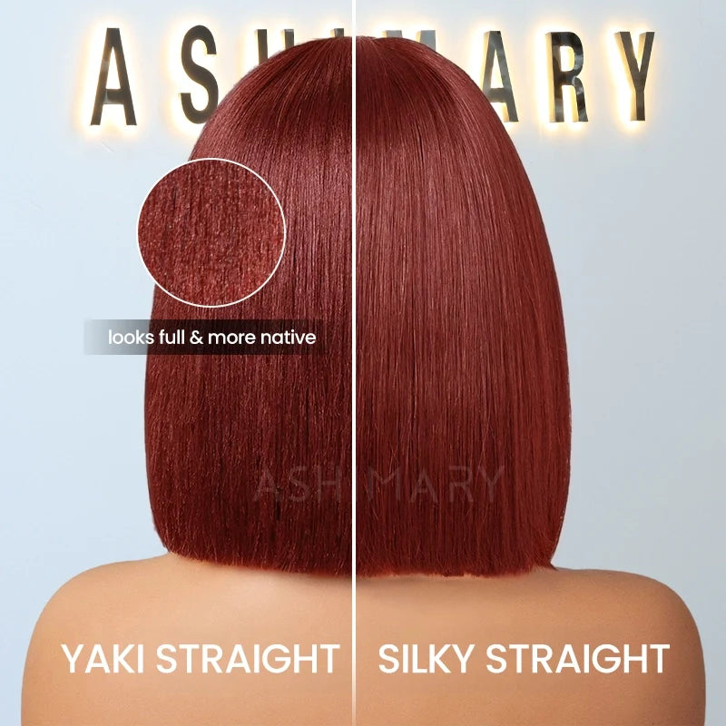 Reddish Brown Yaki Straight Pull Go 4x4 Lace Closure Bob Wig Double Drawn Silk Press Natural Look 100% Human Hair