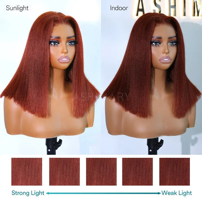 Reddish Brown Yaki Straight Pull Go 4x4 Lace Closure Bob Wig Double Drawn Silk Press Natural Look 100% Human Hair
